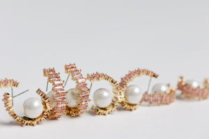 Pink Rhinestone and Pearl Statement Hoop Earrings