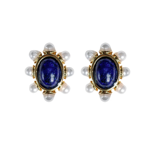 Blue Lapis and Pearl Oval Stud Earrings