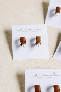 Mini Espresso Raffia and Pearl Huggie Hoop Earring