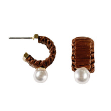 Mini Espresso Raffia and Pearl Huggie Hoop Earring