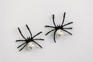 Black Spooky Spider and Pearl Halloween Statement Earrings