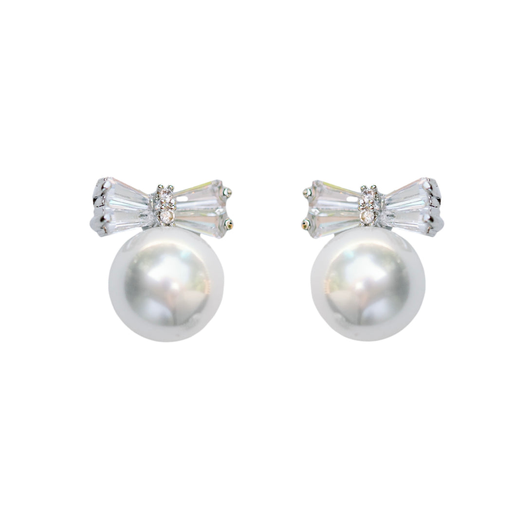 Diamond Bow Mini Pearl Studs