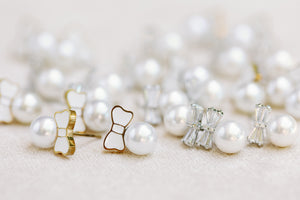 White Tuxedo Bow Mini Pearl Stud Earrings