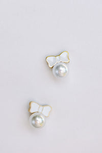 White Tuxedo Bow Mini Pearl Stud Earrings