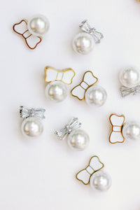 Diamond Bow Mini Pearl Studs