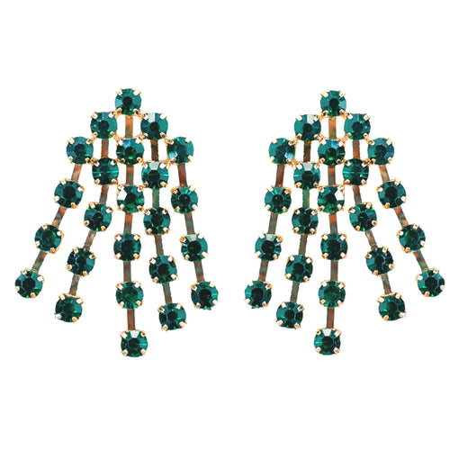 Green Rhinestone Tassel Statement Earrings