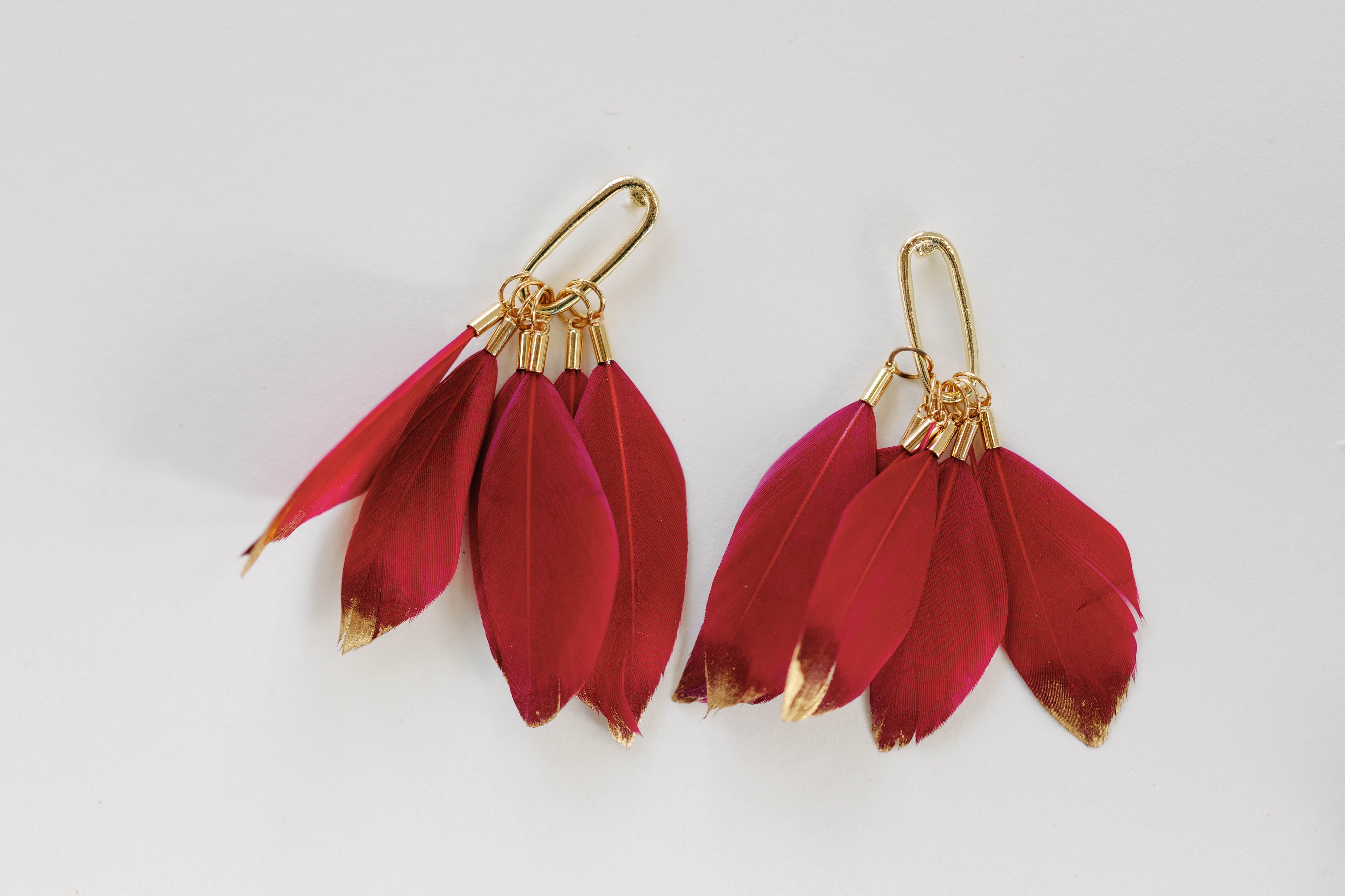 Garnet Gold Dipped Feather Statement Earrings