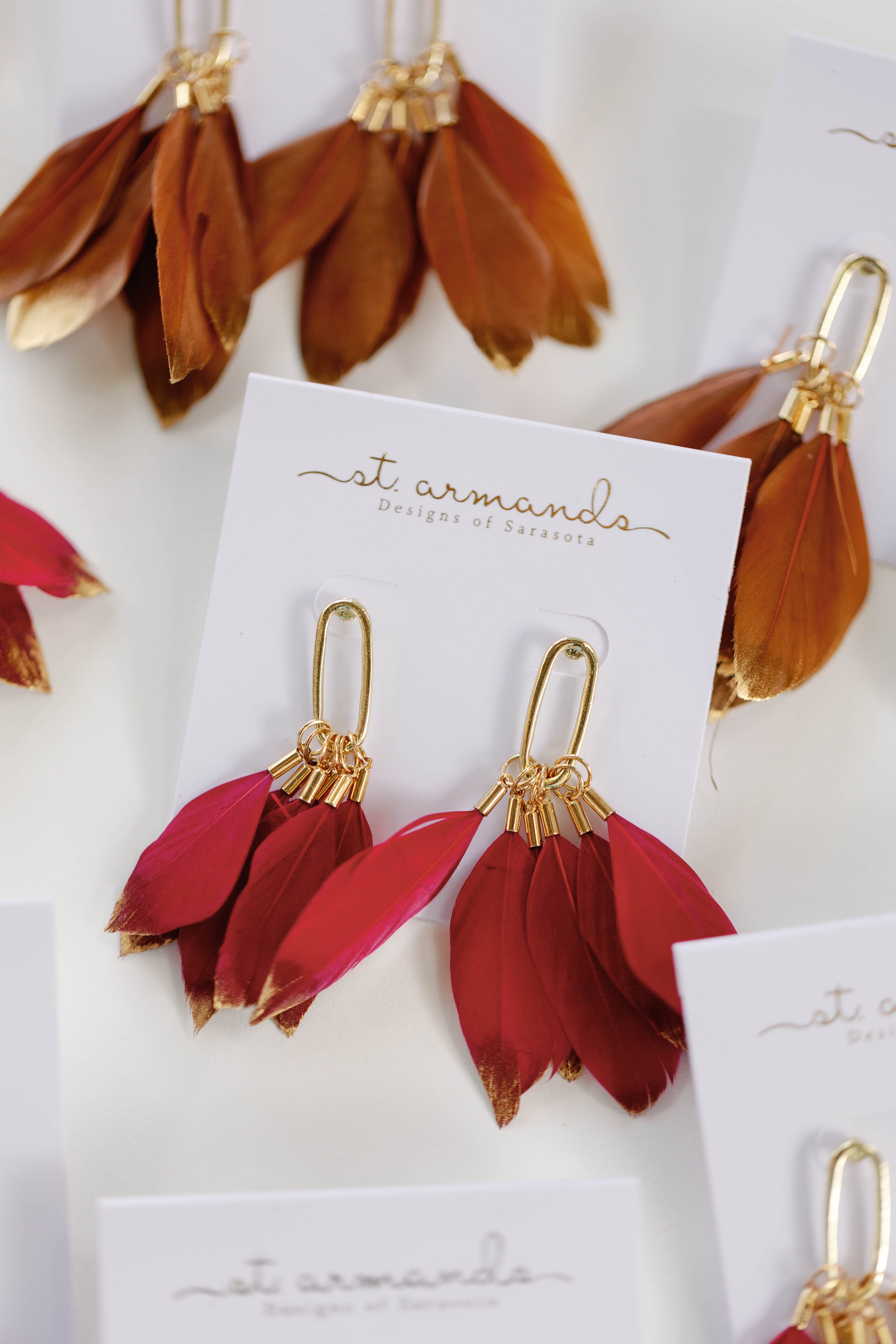 Garnet Gold Dipped Feather Statement Earrings