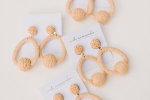 Brown Raffia Pom Pom Hoops